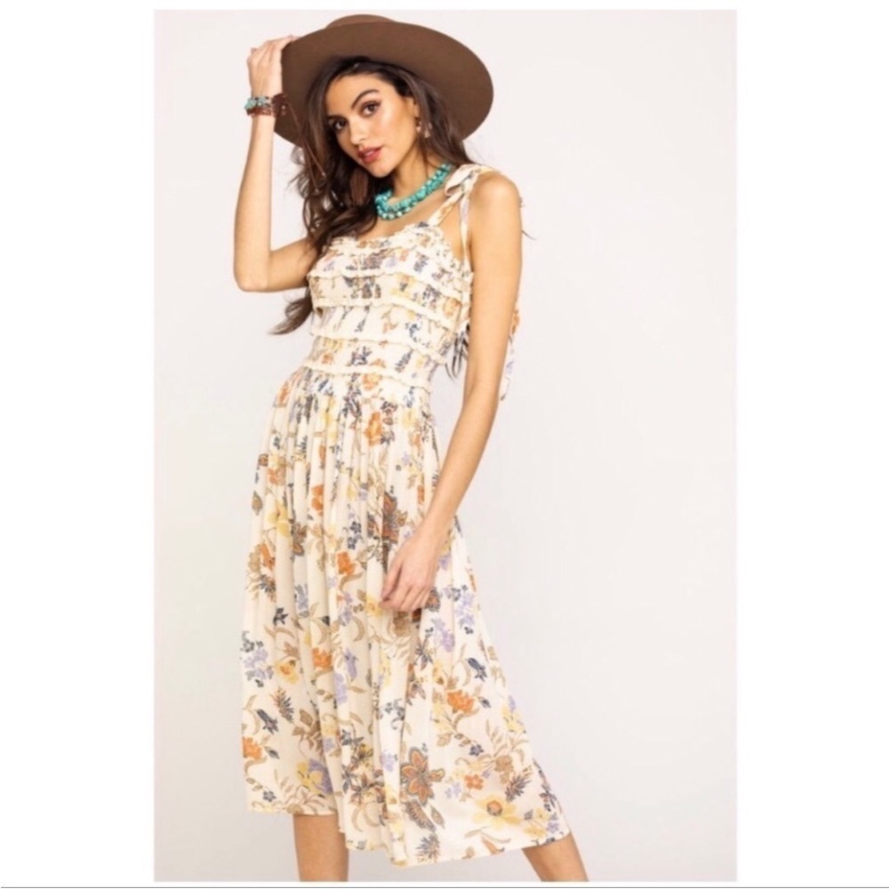Free People Isla Floral Tie Strap Smocked Bodice Midi Dress Sweet Cream Small